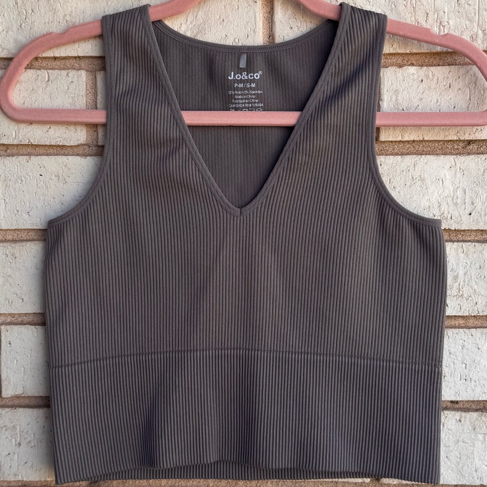 Taupe V-Neck Ribbed Crop Top